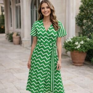 Green and White Wrap Dress with Chevron print and short flutter sleeves. Small